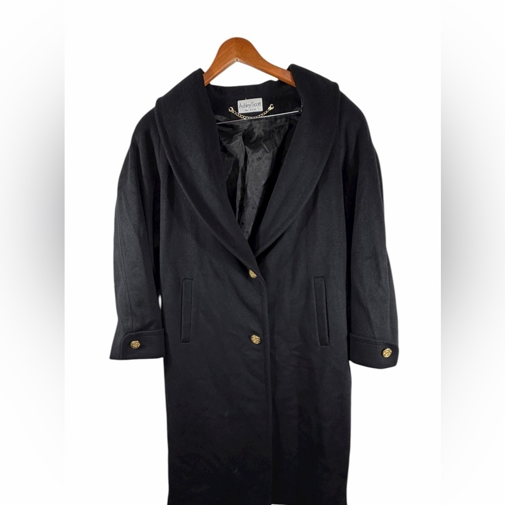 Ashley Scott Black 100% Wool Long Coat Gold Buttons Made in USA XL vintage - Picture 8 of 13